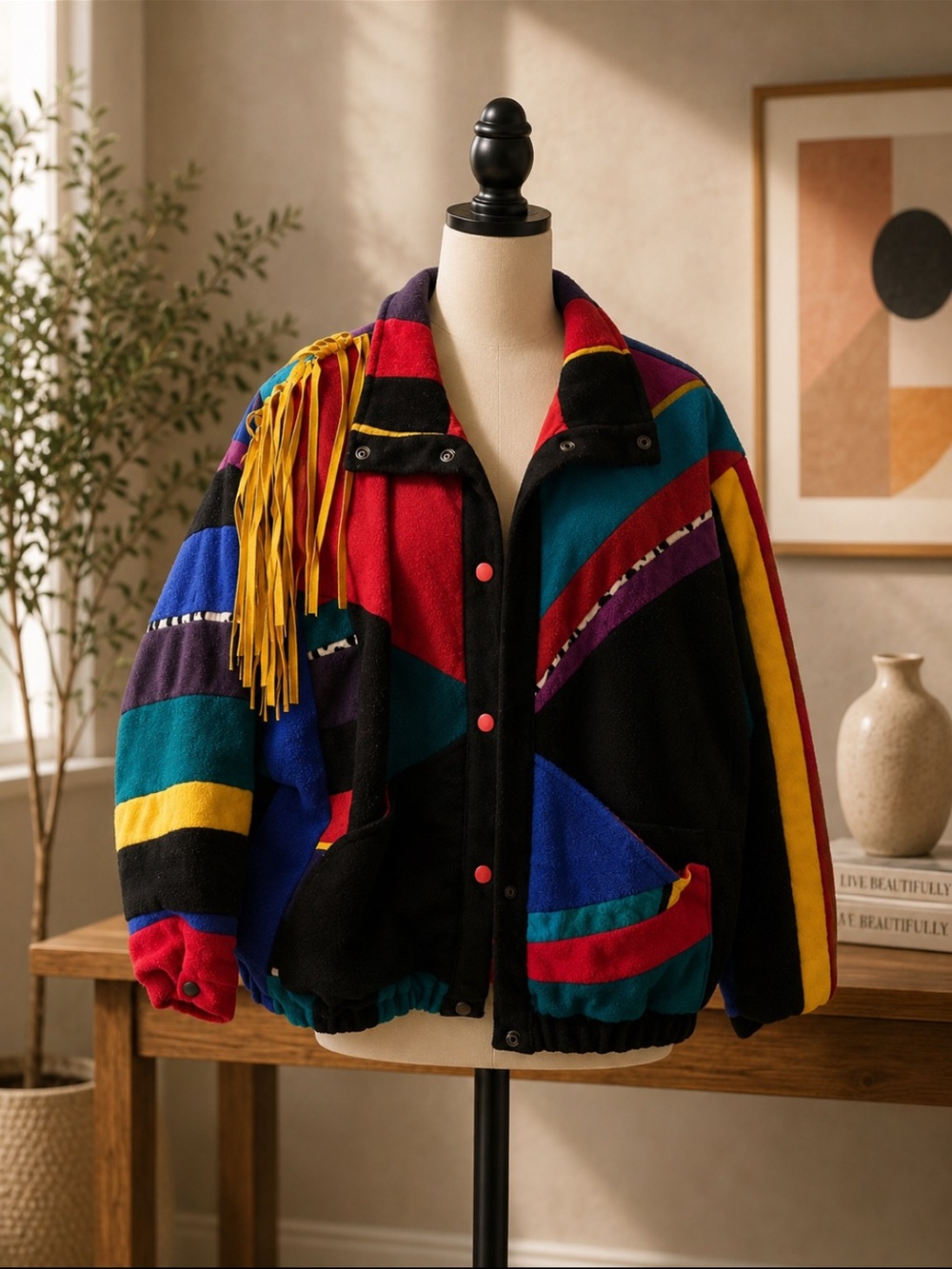 SFR Vintage Colorblock Fringe Bomber Jacket - Multicolor